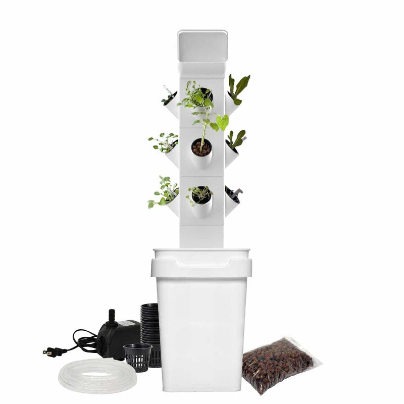 3-tier hydroponic EXO tower kit with 12 plant capacity and included accessories for indoor gardening