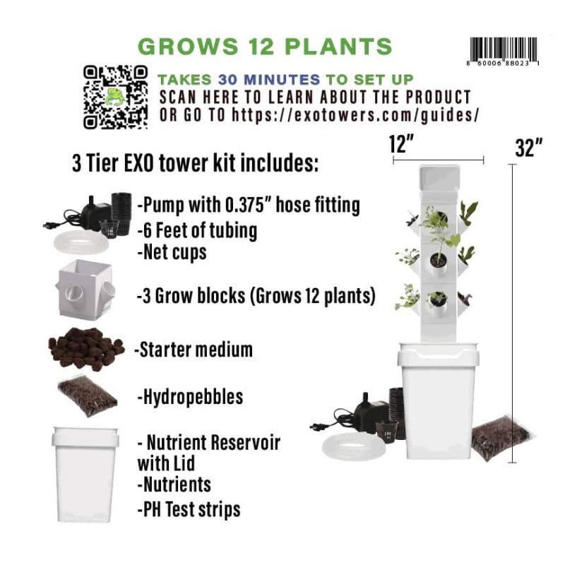 Detailed components of the 3-tier hydroponic EXO tower kit showing pump, tubing, net cups, grow blocks, and nutrients