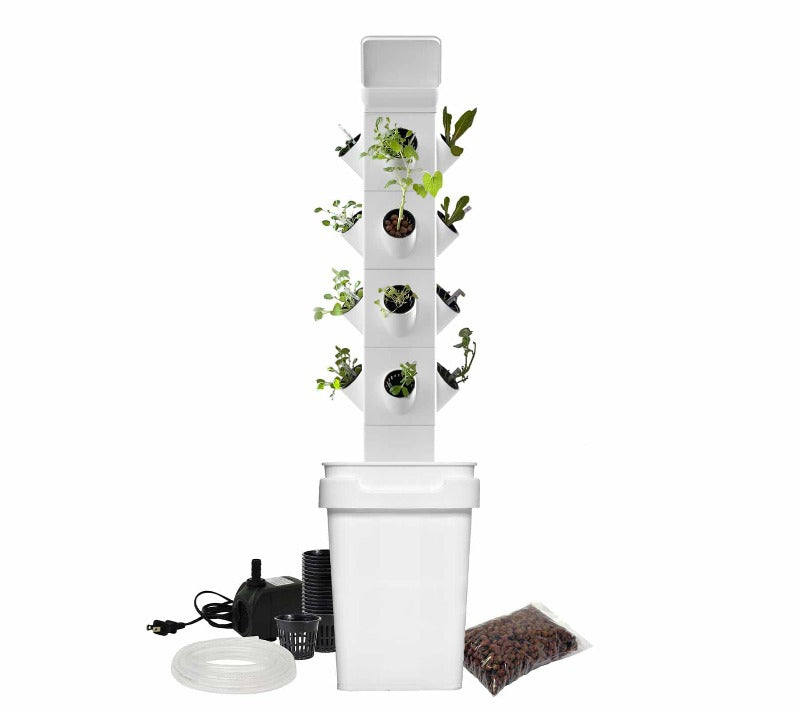 4-tier white hydroponic EXO tower kit supporting 16 plants with vertical growth system.