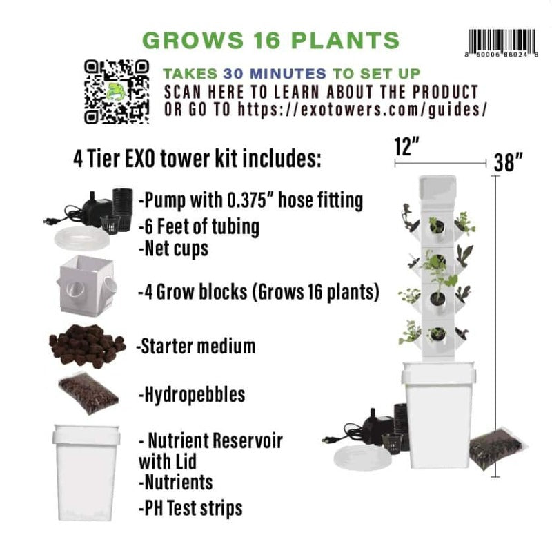 Infographic of 4-tier hydroponic EXO tower kit listing parts including starter medium, hydro pebbles, and pH test strips