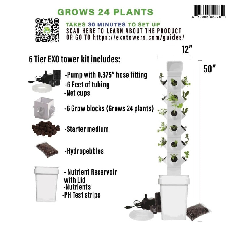 Complete set-up guide for 6-tier hydroponic EXO tower kit with QR code for easy instructions access.