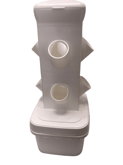 Two-tier tabletop Exotower system for growing a personal herb and flower garden in urban homes