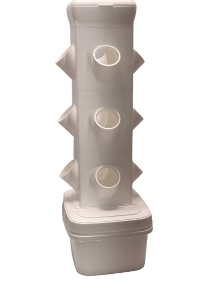 Three-tier Exotower hydroponic system on tabletop showcasing a thriving, space-efficient indoor garden