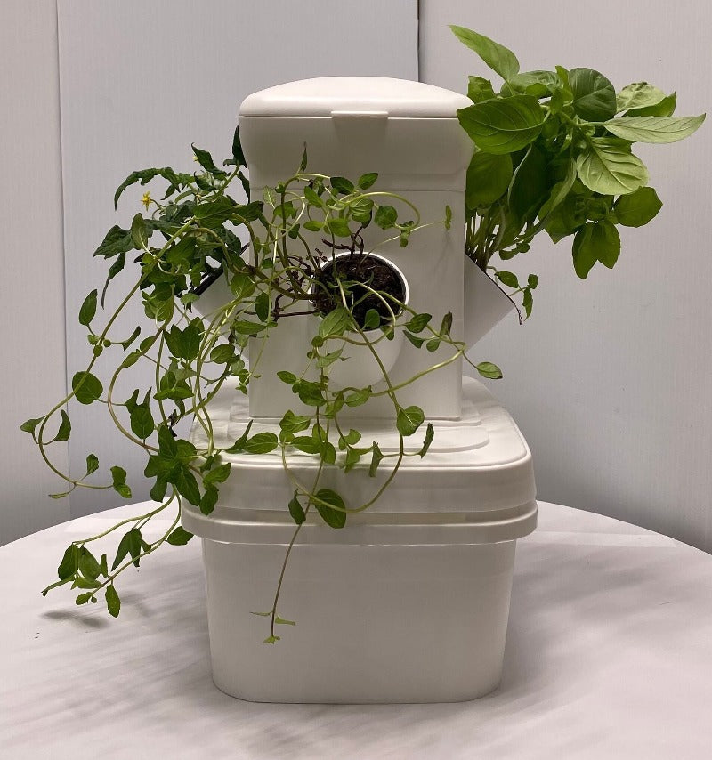 Exotower tabletop hydroponic unit with cascading foliage, combining modern aesthetics with home agriculture