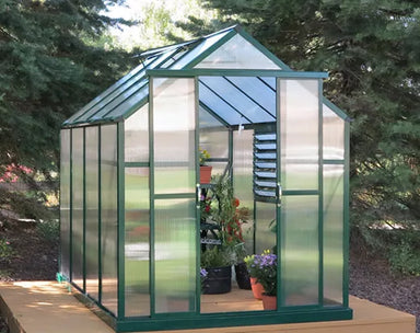 Interior of Grandio Element 6x8 greenhouse showcasing the sturdy aluminum frame and clear polycarbonate paneling