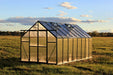 Frontal view of the Grandio Ascent 8x16 greenhouse with open doors inviting into a spacious, well-ventilated plant haven.