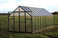 Corner view of a large Grandio Ascent 8x20 greenhouse, highlighting its sturdy build and ample interior space for sustainable gardening.