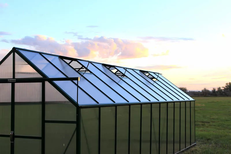 Close-up of the roof vent on a Grandio Ascent 8x24 greenhouse, highlighting the ventilation technology for optimal plant growth