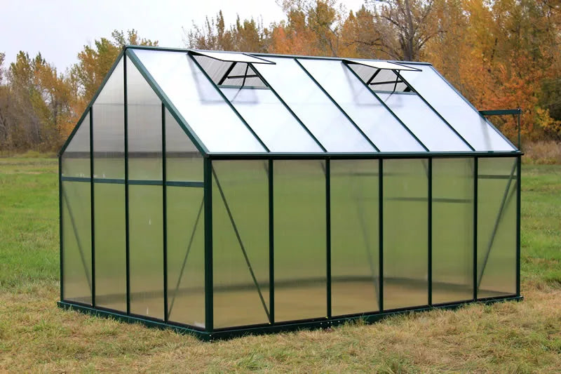 Rear view of a spacious 8x12 Grandio Elite greenhouse with durable twin-wall panels and sturdy green frame, perfect for year-round gardening.