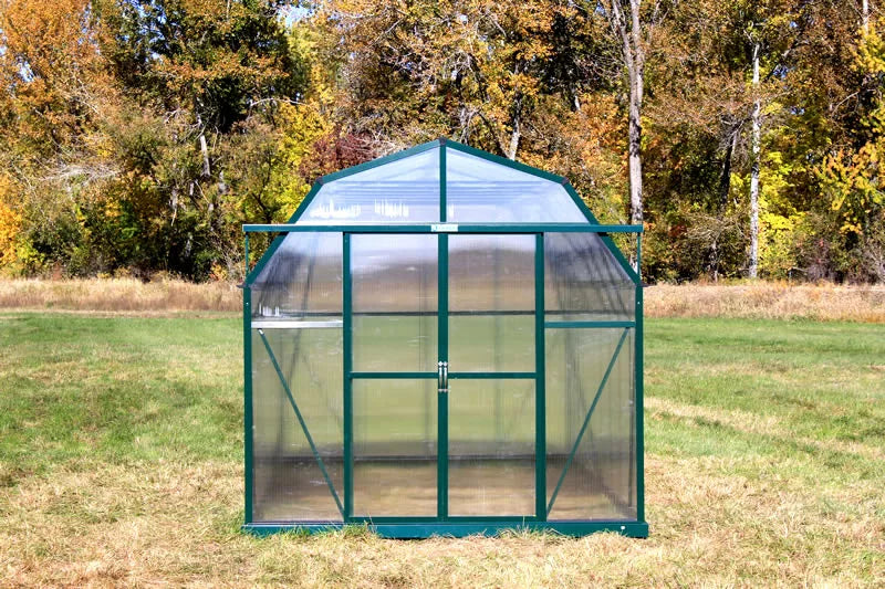 Front view of an 8x16 Grandio Elite greenhouse, featuring expansive doors and reinforced construction, suitable for avid gardeners.