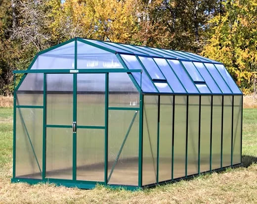Large 8x16 Grandio Elite greenhouse highlighting the clear twin-wall polycarbonate panels and green aluminum frame, a haven for plants