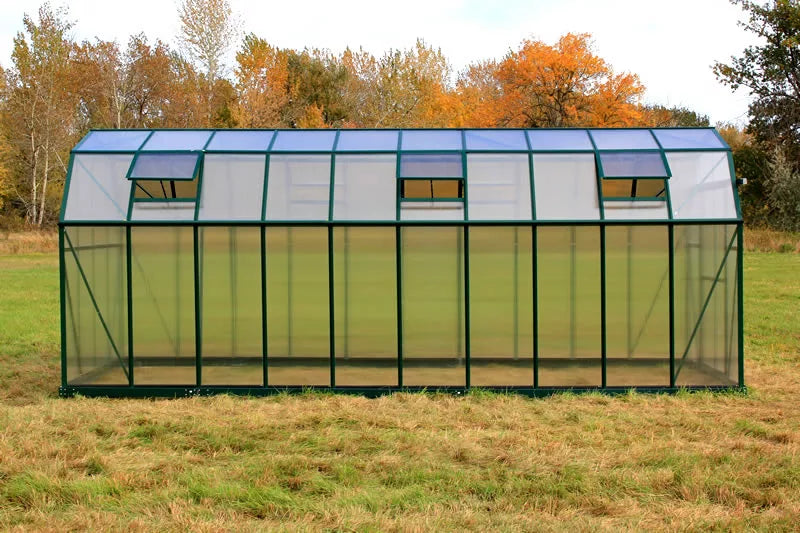 Side view of the expansive 8x20 Grandio Elite greenhouse with a strong frame and optimal height for vertical gardening solutions.