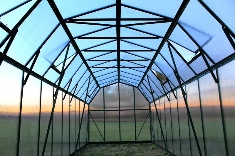 Interior view of Grandio Elite 8x24 greenhouse showing sturdy frame and clear polycarbonate panels.