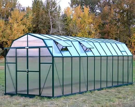Full view of Grandio Elite 8x24 greenhouse with twin-wall panels and sturdy green frame set in an open field.
