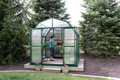 Front view of a spacious Grandio Elite 8x8 greenhouse with durable green aluminum frame and high-clarity polycarbonate panels, ideal for backyard gardening.