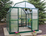 Interior of the Grandio Elite 8x8 greenhouse shown open, with shelving and plants visible, demonstrating the practical design for efficient space utilization in home gardening.