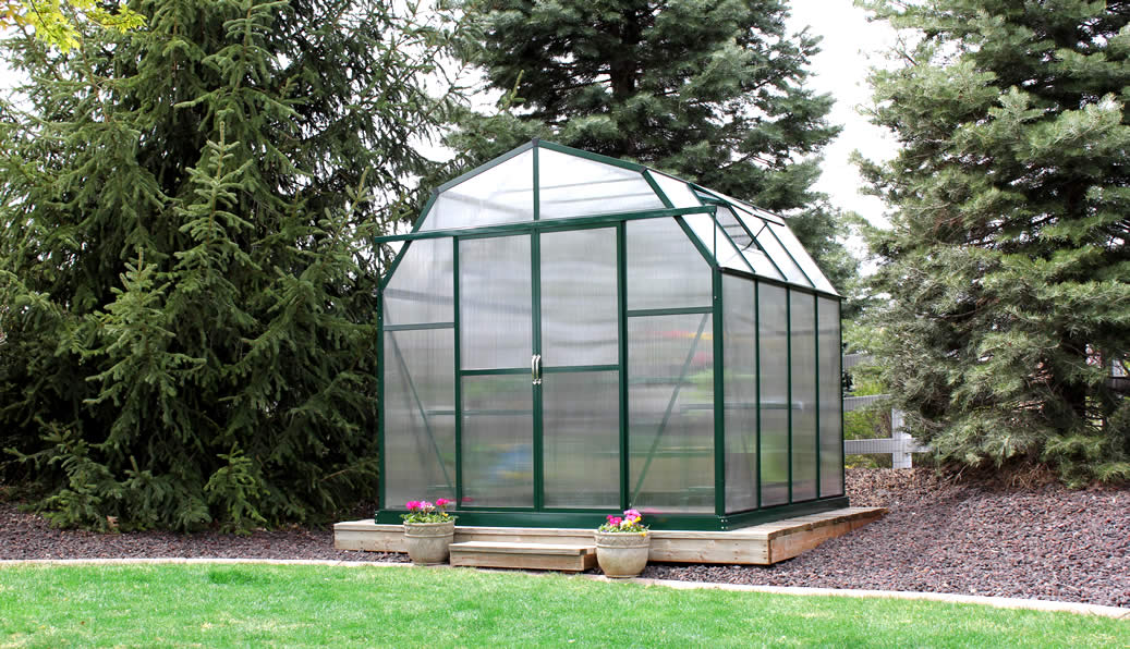 Robust and elegant Grandio Elite 8x8 greenhouse with transparent panels and green framing, surrounded by lush garden decor, for advanced home gardening.