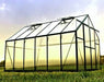8x12 Grandio Elite greenhouse with high-quality polycarbonate panels and green framing, designed for efficient space and garden management.
